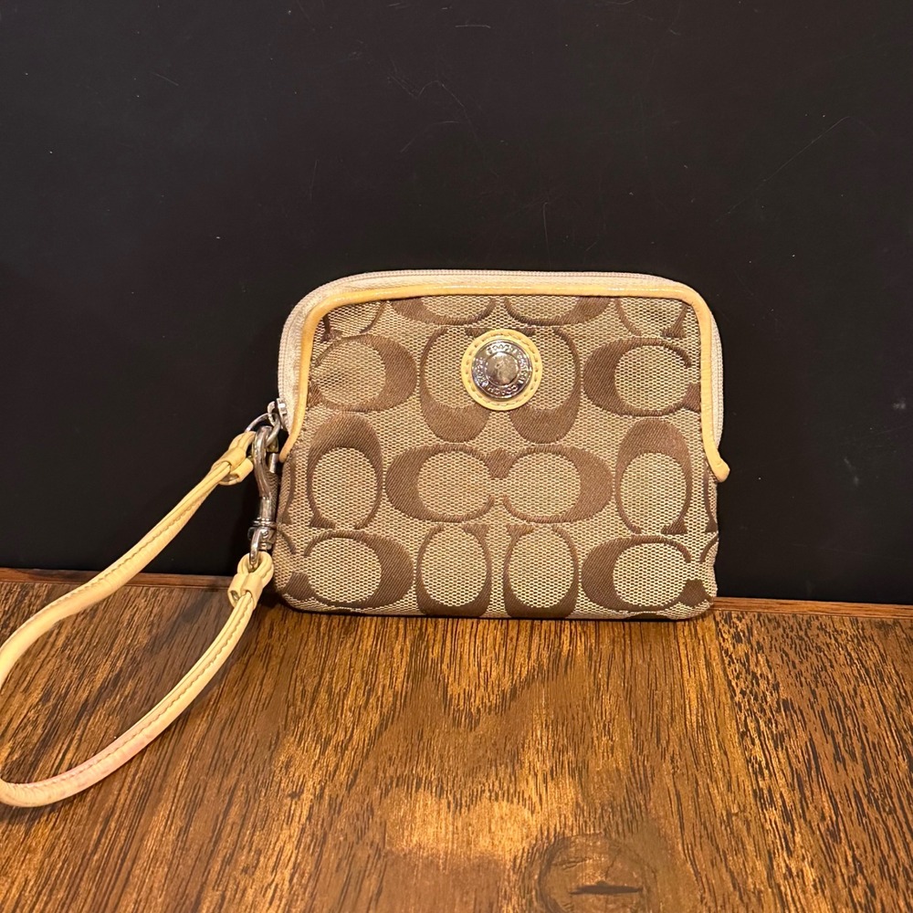 Coach Signature Jacquard Wristlet Tan Patent Leather Trim Brown Khaki